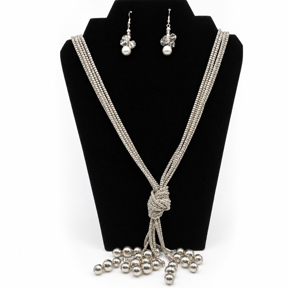 Silver Multi Strand Lariat Knot Necklace and Faux Pearl Drop Earring Jewelry Set